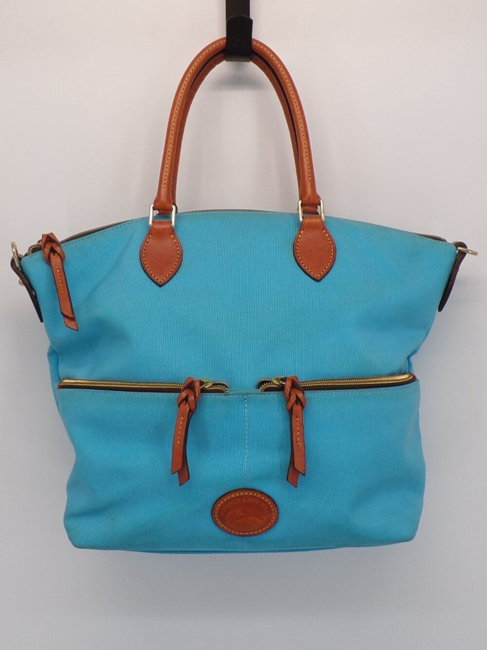Dooney & Bourke Bright Blue Turquoise Nylon with Leather Trim Large Satchel